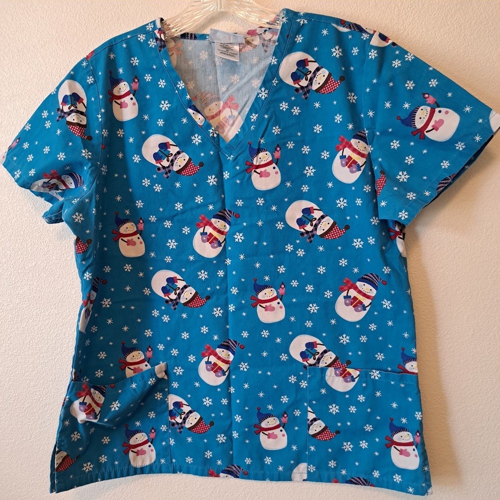 SB Scrubs Women Blue Snowman Snowflake Holiday V-Neck Scrub Top Medium Aqua
